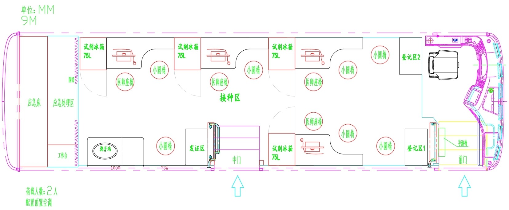 9m Vaccination Vehicle — Proposed interior layout; configuration drawing
