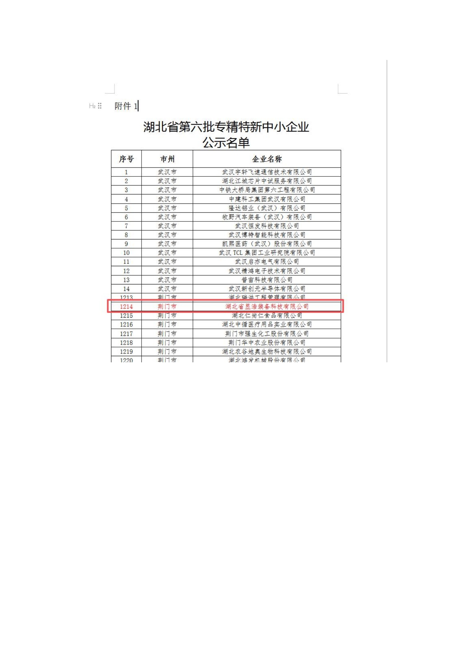 湖北省专精特新中小企业公示名单 — original Chinese document